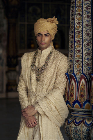 Raw Silk Sherwani for Indian Wedding – Gold Kashish Embroidered by Nitika Gujral