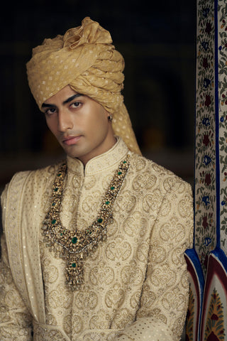 Raw Silk Sherwani for Indian Wedding – Gold Kashish Embroidered by Nitika Gujral