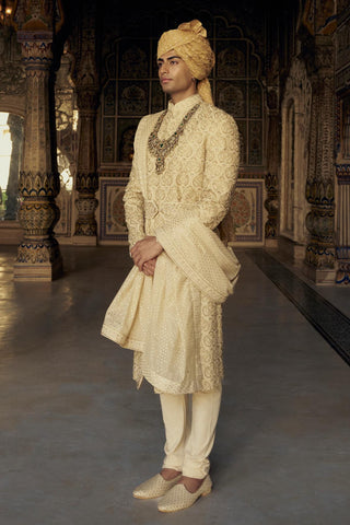 Raw Silk Sherwani for Indian Wedding – Gold Kashish Embroidered by Nitika Gujral