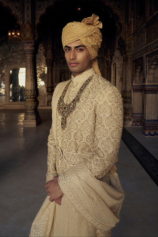 Raw Silk Sherwani for Indian Wedding – Gold Kashish Embroidered by Nitika Gujral