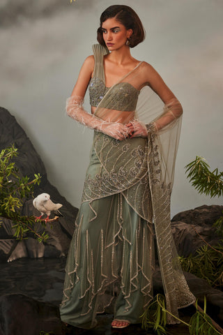 Gray amour sharara sari and corset with shoulder