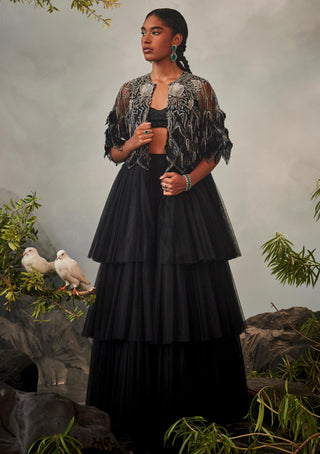 Black amour jacket with draped sharara and bralet