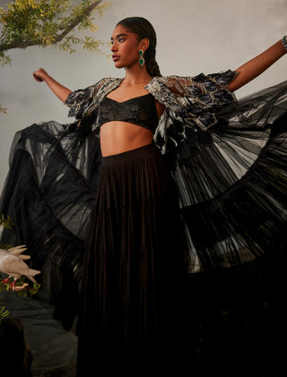 Black amour jacket with draped sharara and bralet