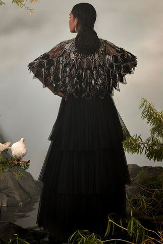 Black amour jacket with draped sharara and bralet