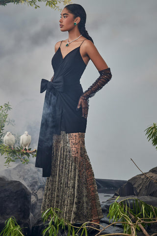 Black amour bow top with godet skirt