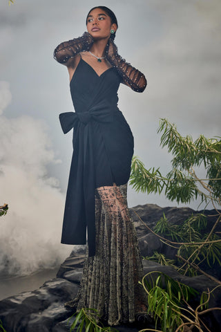 Black amour bow top with godet skirt