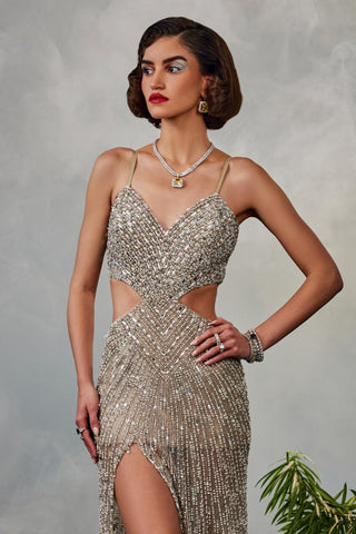 Silver amour cutout gown with slit