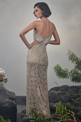 Silver amour cutout gown with slit