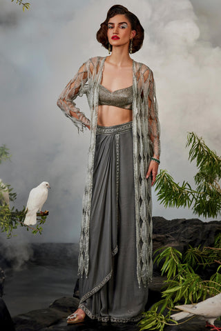 Gray amour jacket with blouse and draped skirt
