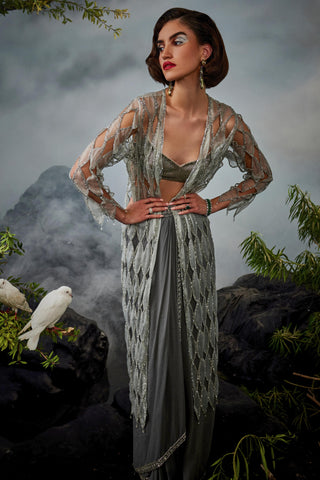 Gray amour jacket with blouse and draped skirt