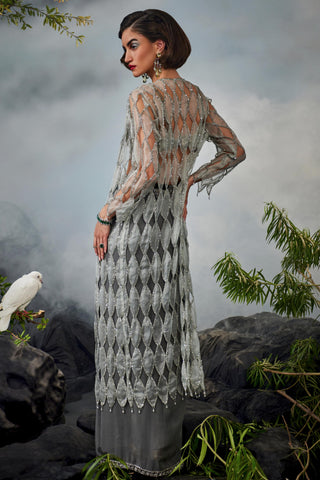 Gray amour jacket with blouse and draped skirt