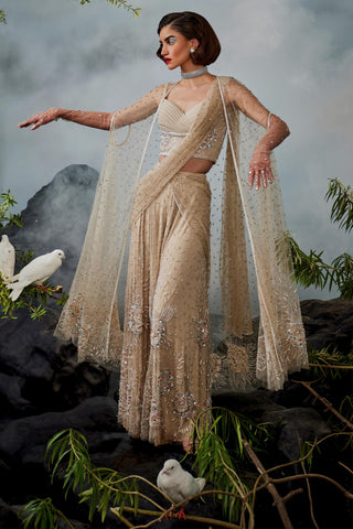 Beige amour sharara sari with blouse and cape