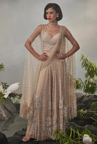 Beige amour sharara sari with blouse and cape