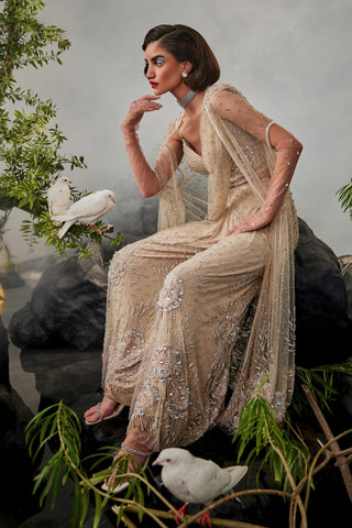 Beige amour sharara sari with blouse and cape