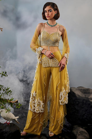 Yellow amour pant with sheer kurta and stole