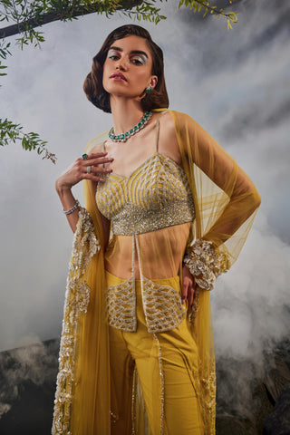 Yellow amour pant with sheer kurta and stole
