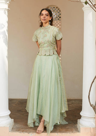 Front view of frost blue stand-collar embroidered top with flowing handkerchief hem skirt by Osaa by Adarsh at Mrs. G
