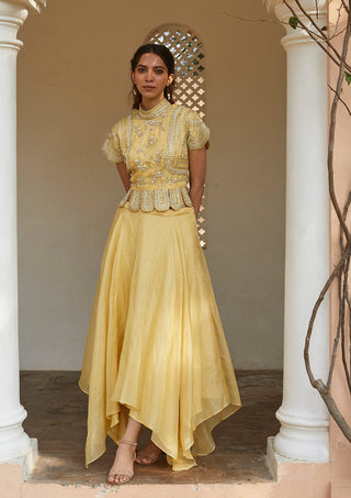 Front view of taupe lemon stand-collar embroidered top with handkerchief hem skirt by Osaa by Adarsh at Mrs. G