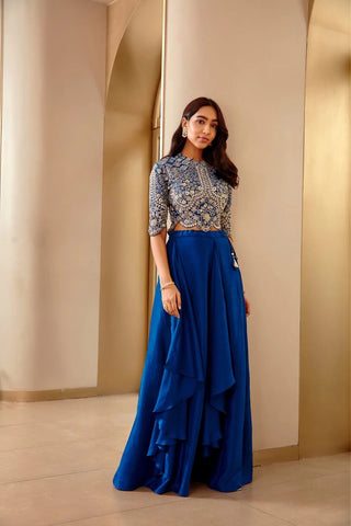 Full-length front view of jade blue scalloped embroidered top with draped skirt by Osaa by Adarsh at Mrs. G