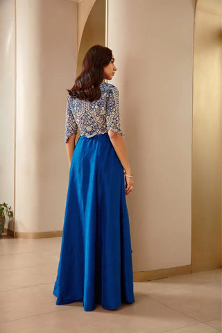 Back view of jade blue embroidered scalloped top with sleeve detail and flowing plain skirt by Osaa by Adarsh at Mrs. G