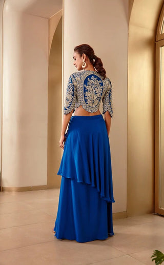 Back view of jade blue top with oval floral tree embroidery and tiered skirt by Osaa by Adarsh at Mrs. G