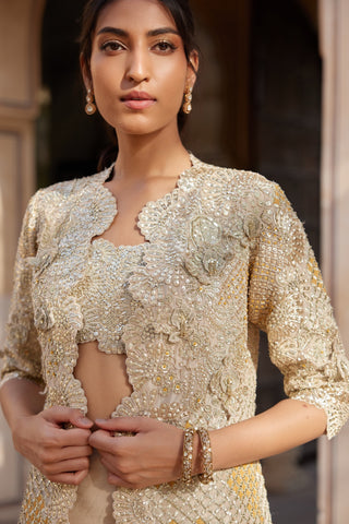 Front view of beige champagne scalloped open jacket over embroidered bustier by Osaa by Adarsh at Mrs. G