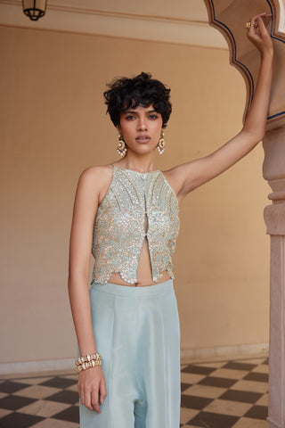 Portrait of tea green halter top with zardozi embroidery and scalloped center opening by Osaa by Adarsh at Mrs. G