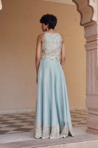 Back view of tea green embroidered halter top and wide-leg flared pants by Osaa by Adarsh at Mrs. G