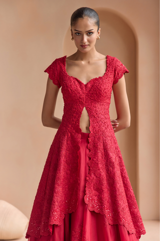 Waist-up view of rosewood red sweetheart neckline jacket with cap sleeves and floral thread work by Osaa by Adarsh at Mrs. G