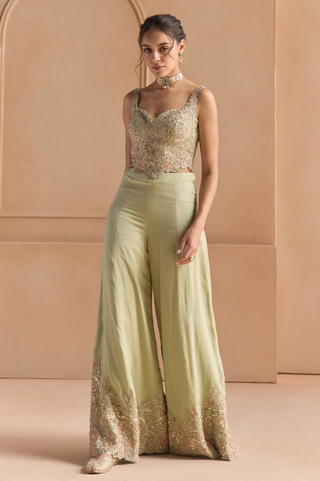 Front view of sage sleeveless embroidered top with sweetheart neckline and wide flared garara by Osaa by Adarsh at Mrs. G