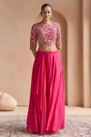 Front view of scarlet embroidered crop top with scalloped hem and draped flowing skirt by Osaa by Adarsh at Mrs. G