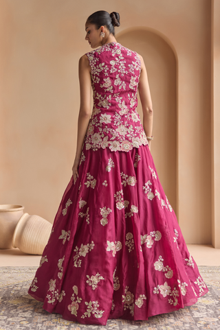 Back view of sangria plum floral embroidered jacket and full A-line lehenga by Osaa by Adarsh at Mrs. G