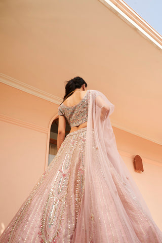 Back view of soft berry cap-sleeve blouse with net dupatta and paisley embroidered lehenga by Osaa by Adarsh at Mrs. G
