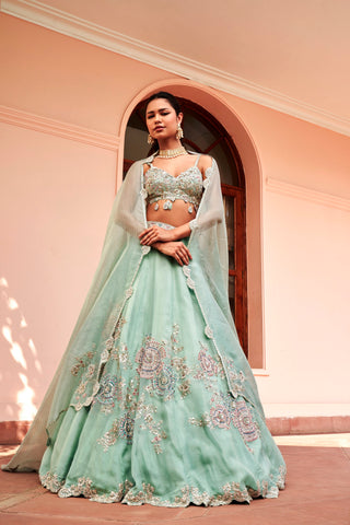 Front view of cadet blue lehenga set with bralette and organza dupatta by Osaa by Adarsh at Mrs. G