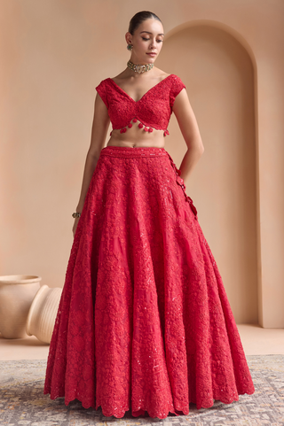 Front view of rosewood red lehenga set with tassel hem blouse and full threadwork skirt by Osaa by Adarsh at Mrs. G