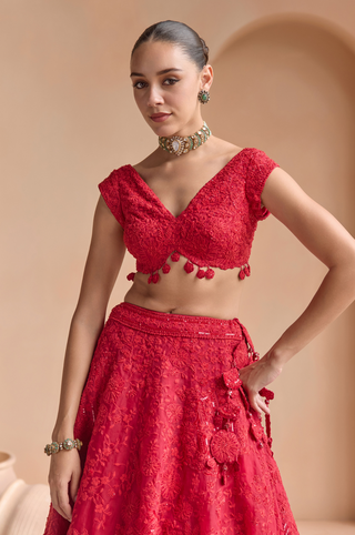 Waist-up view of rosewood red V-neck blouse with cap sleeves and tone on tone floral threadwork by Osaa by Adarsh at Mrs. G