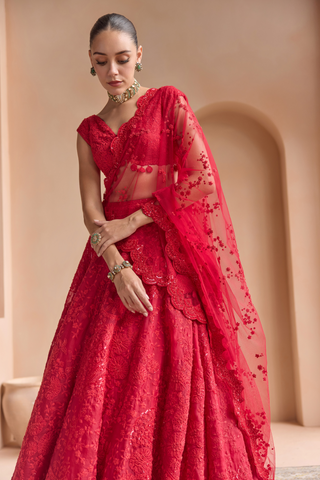 Rosewood red net dupatta with scattered thread flowers draped over the blouse and scalloped skirt by Osaa by Adarsh at Mrs. G