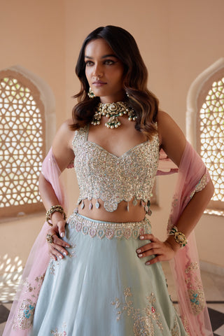 Portrait of tea green sequin embroidered sweetheart blouse with kundan choker by Osaa by Adarsh at Mrs. G