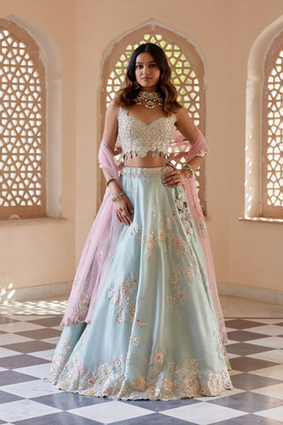 Front view of tea green lehenga with embroidered waistband and scalloped hem by Osaa by Adarsh at Mrs. G