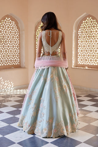 Back view of tea green lehenga with deep V-back blouse and floral hem border by Osaa by Adarsh at Mrs. G