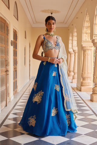 Front view of blueberry lehenga with plunging bralette, gold flower motifs and net dupatta by Osaa by Adarsh at Mrs. G