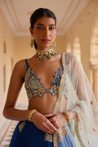 Portrait of blueberry plunging bralette with jeweled scalloped embroidery and dupatta by Osaa by Adarsh at Mrs. G