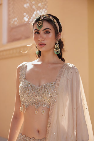 Portrait of beige champagne sweetheart blouse with sequin embroidery and matching dupatta by Osaa by Adarsh at Mrs. G