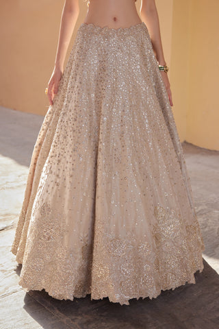 Close-up of beige champagne flared lehenga with deep tonal 3D floral border by Osaa by Adarsh at Mrs. G