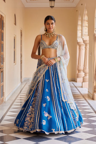 Front view of jade blue paneled lehenga with gold zardozi, bralette and tulle dupatta by Osaa by Adarsh at Mrs. G