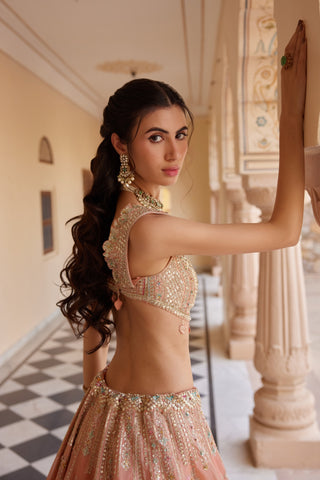 Side profile of salmon peach sleeveless blouse with zardozi lattice and leaf tassels by Osaa by Adarsh at Mrs. G