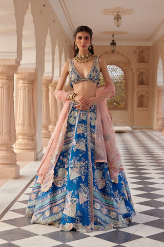 Front view of blueberry applique lehenga with floral embroidered V-neck bralette by Osaa by Adarsh at Mrs. G