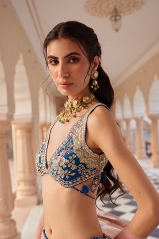 Side portrait of blueberry bralette with tassel ties and embroidered lehenga waistband by Osaa by Adarsh at Mrs. G