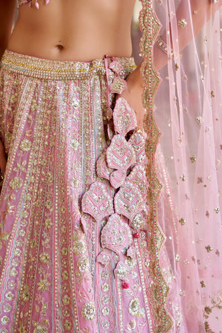 Close view of rosaline pink lehenga waistband and hip petals with zardozi stripes by Osaa by Adarsh at Mrs. G