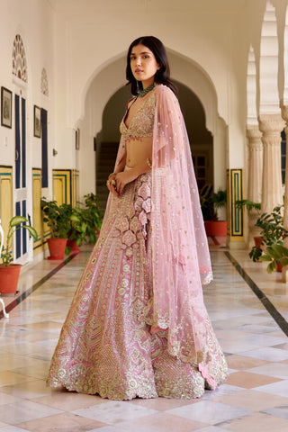 Front view of rosaline pink lehenga with gold zardozi border and sequinned net dupatta by Osaa by Adarsh at Mrs. G
